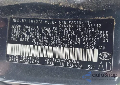 2012 Toyota Corolla S из США, поврежденный, VIN 2T1BU4EEXCC869045